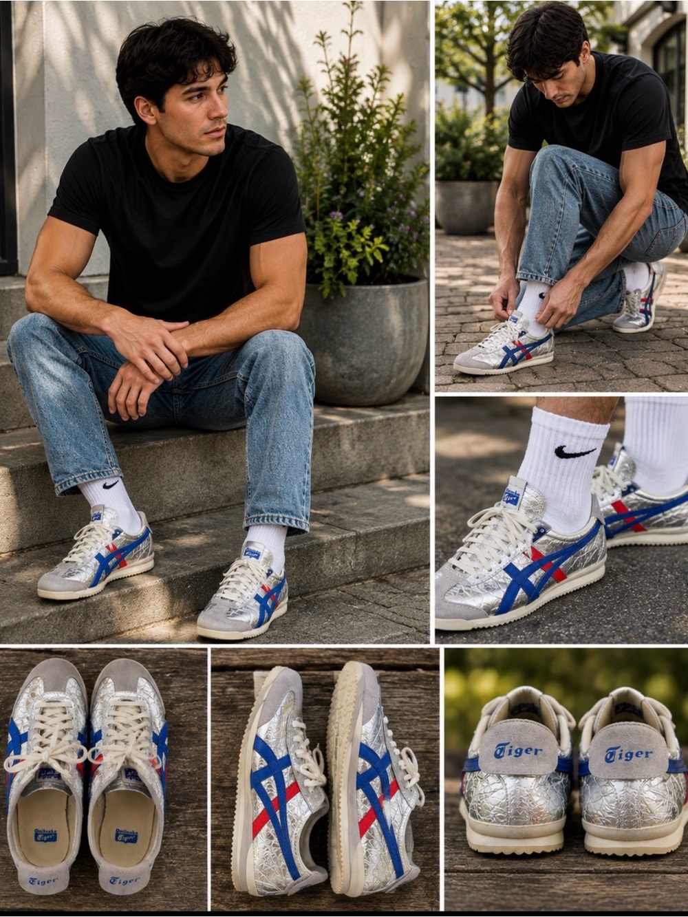 Onitsuka Tiger by Asics Metallic Silver Sneakers with Blue Panels & Red Stripes